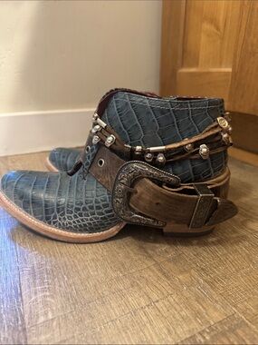 Freebird Leather Teal Croc-Textured Ankle Boots with Brown Strap Accents